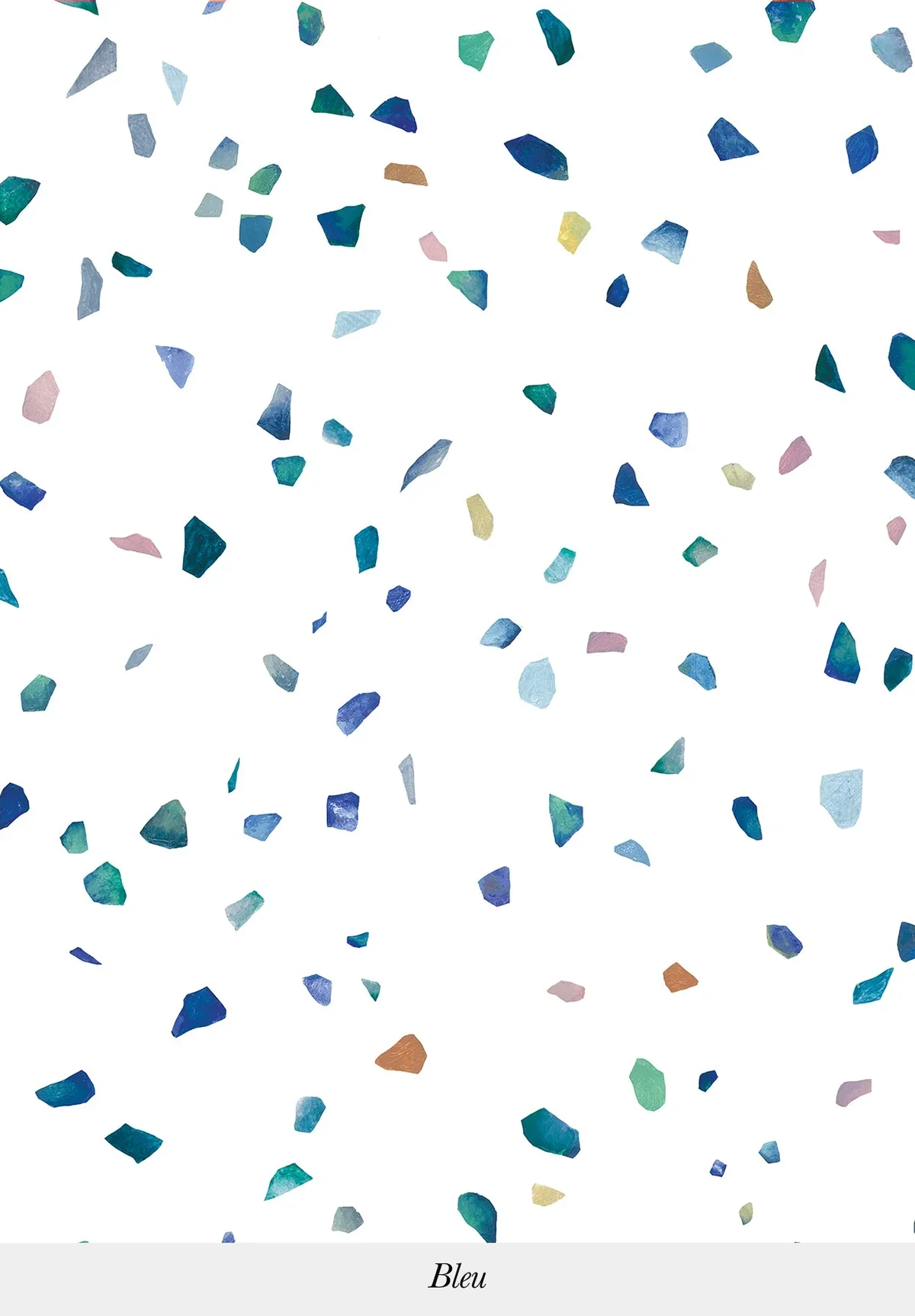 Blue confetti scattered on a white background with a caption that says 'Bleu'.