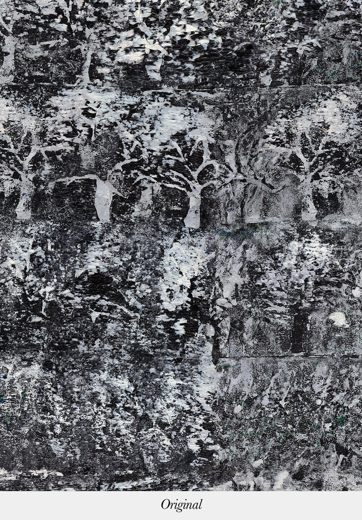Abstract black and white textured artwork with intricate patterns resembling foliage or natural elements.