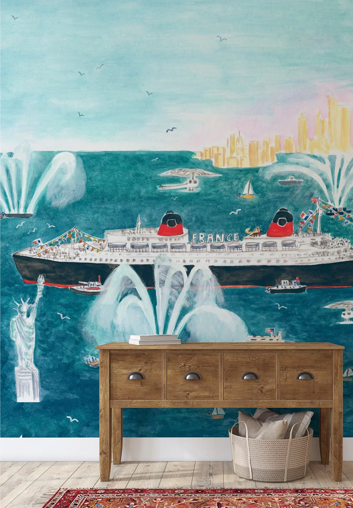 Wall mural of the New York City skyline and the Statue of Liberty featuring the French ocean liner ship 'France' sailing in the harbor, with ships, seagulls, and water fountains depicted in the artwork.
