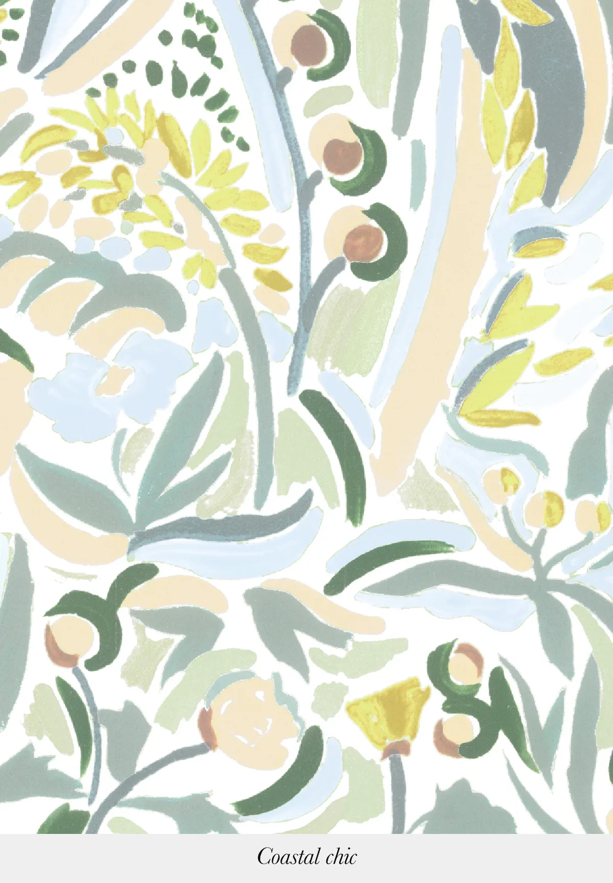 A floral pattern with light pastel colors including shades of green, yellow, beige, and hints of brown and blue, featuring various abstract flowers and leaves. The pattern is labeled "Coastal chic."
