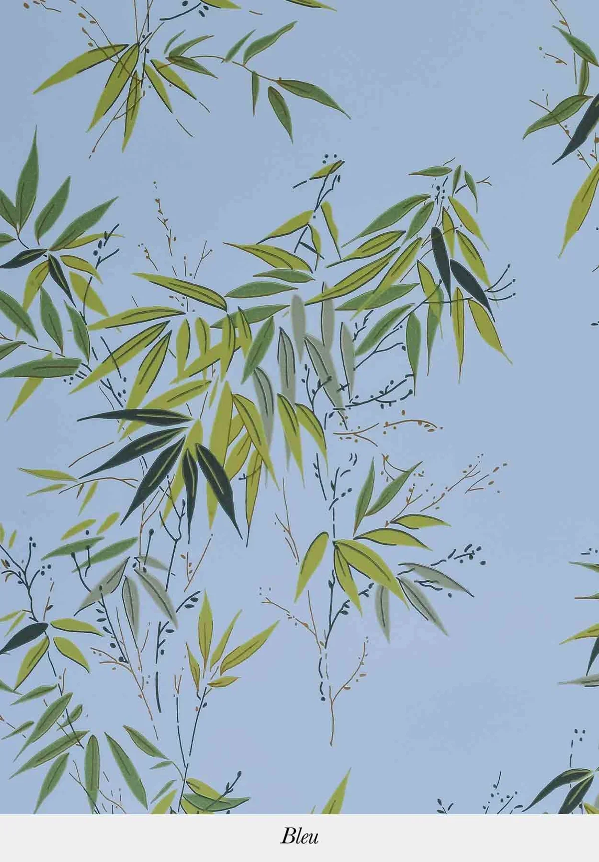 A digital illustration of green leaves on thin branches against a light blue background with the word 'Bleu' written at the bottom.