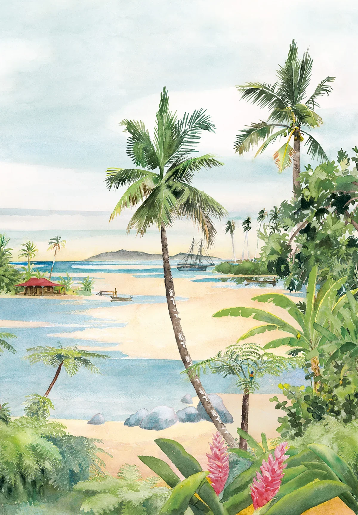 Watercolor painting of a tropical beach scene with palm trees, a boat, rocks, and lush green foliage.