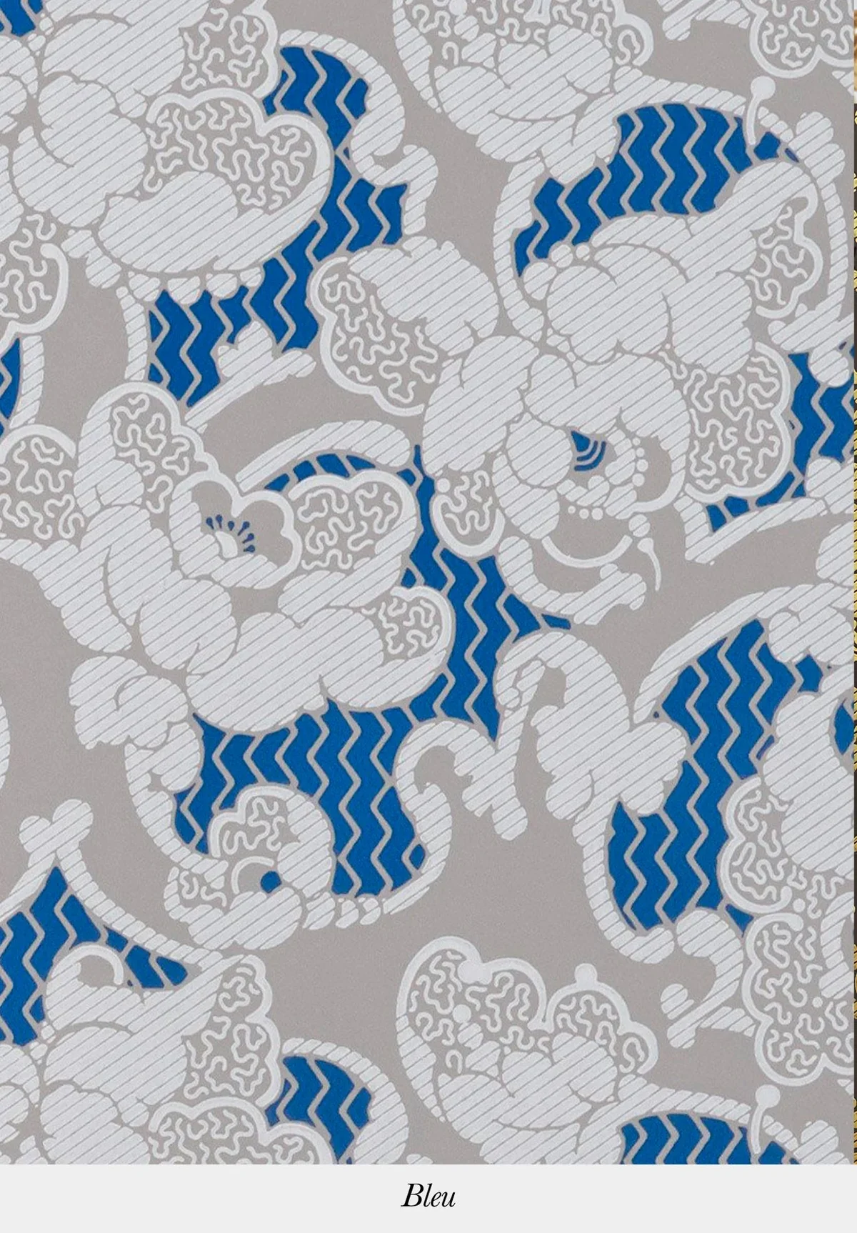 A floral pattern with white outlines of flowers and leaves on a gray background, some filled with blue and zigzag patterns.
