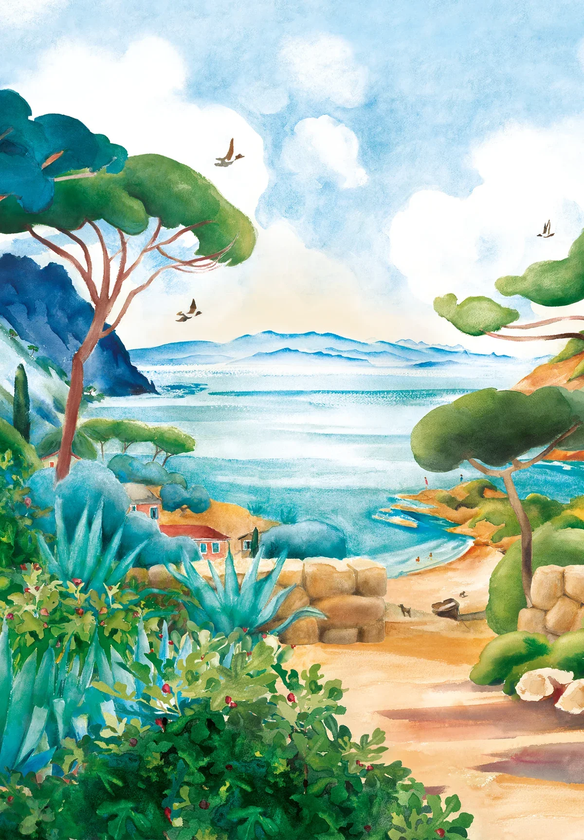 Watercolor painting of a coastal landscape with trees, ocean, and distant hills, under a partly cloudy sky with flying birds.