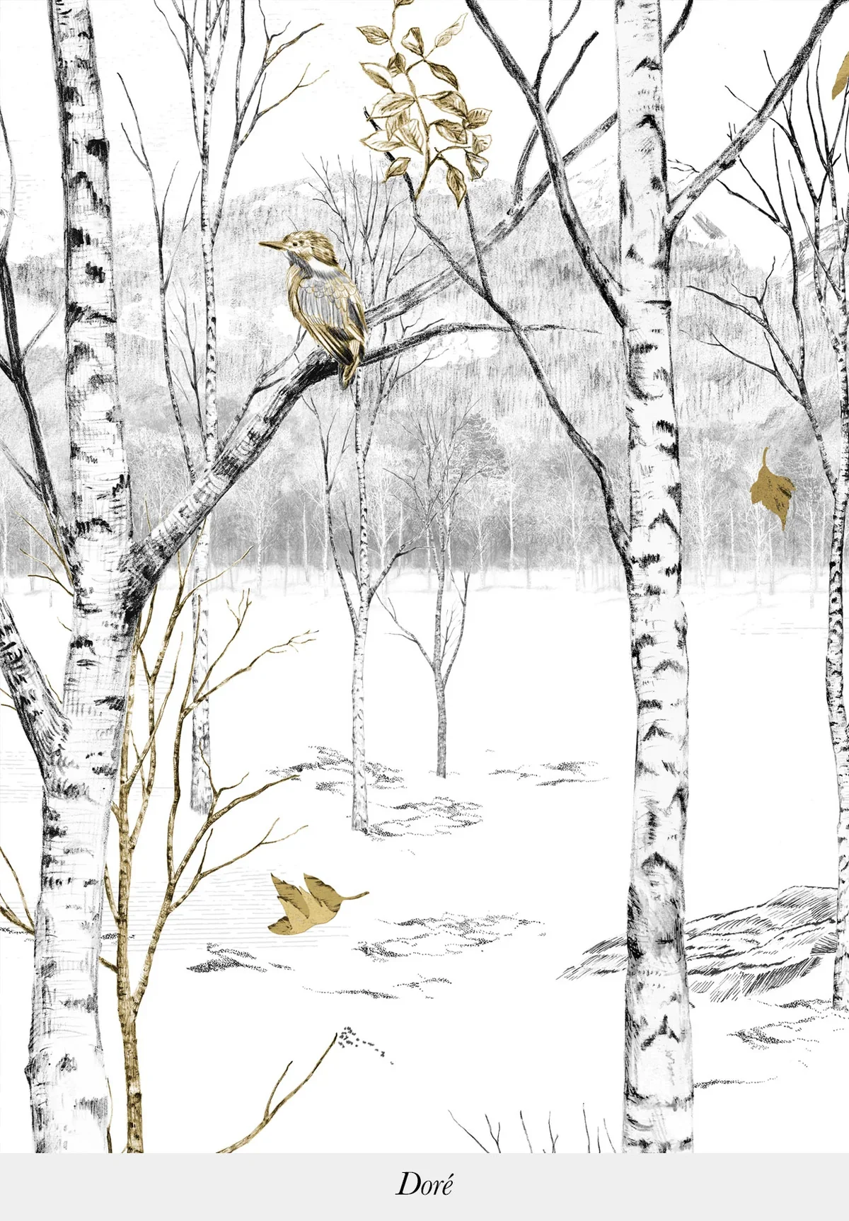 A snowy forest scene with silver birch trees, a bird perched on a branch, and two small flying birds, with a subdued color palette of white, gray, and gold accents.