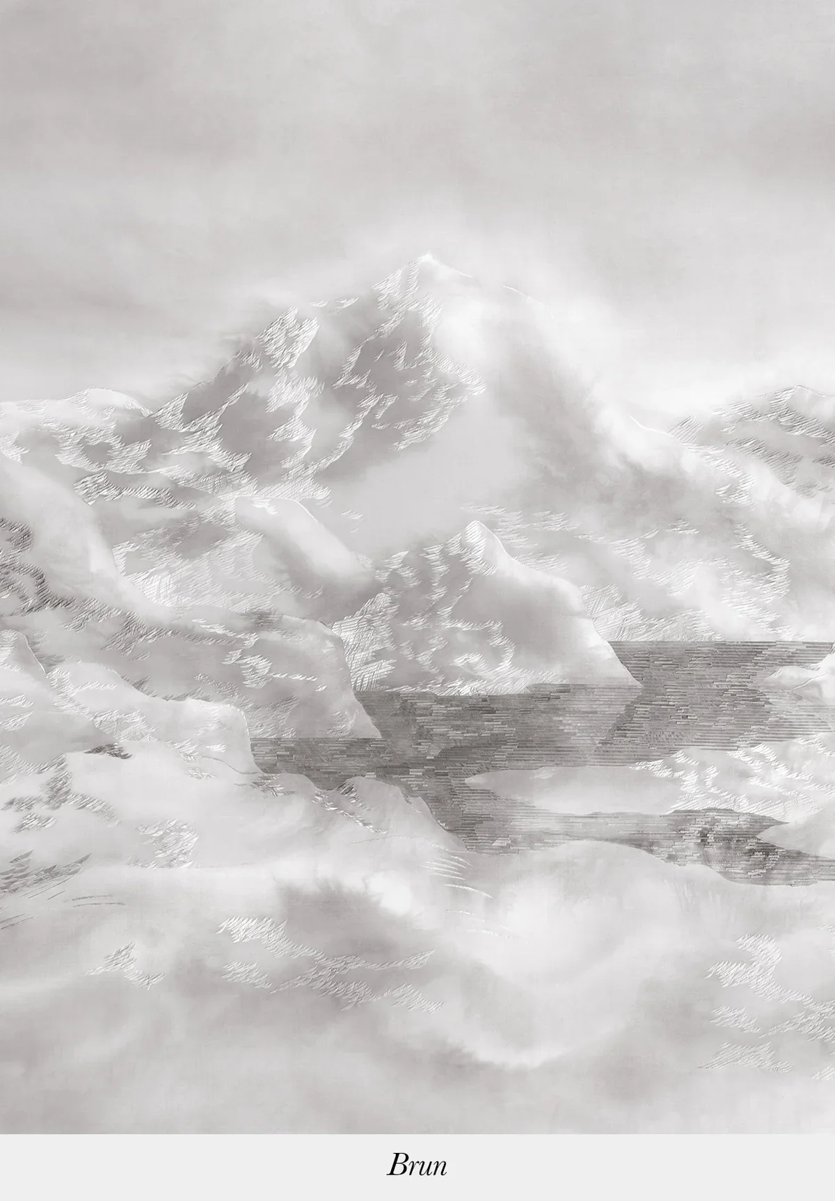 Black and white image of snow-covered mountains with a body of water in front, fog and clouds surrounding the peaks.
