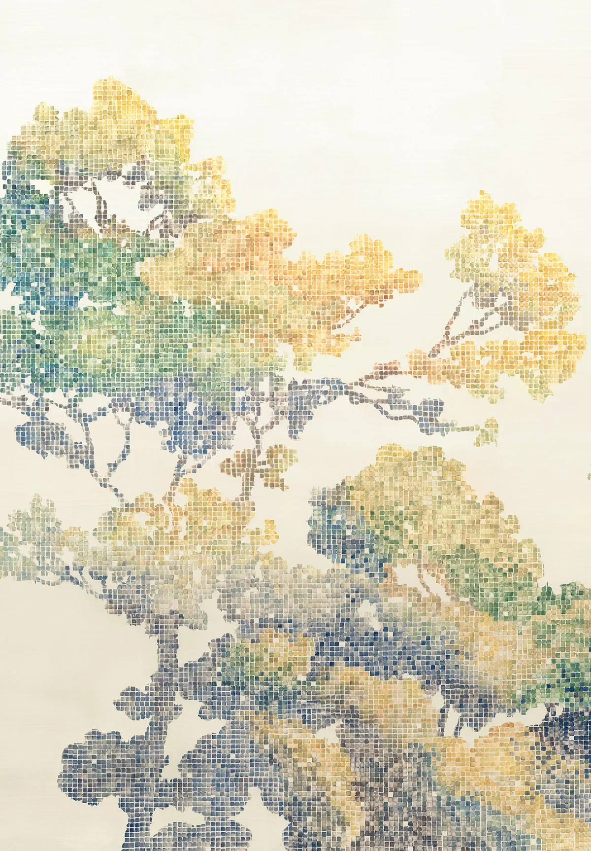 A mosaic-style artwork of tree branches and leaves in pastel colors.