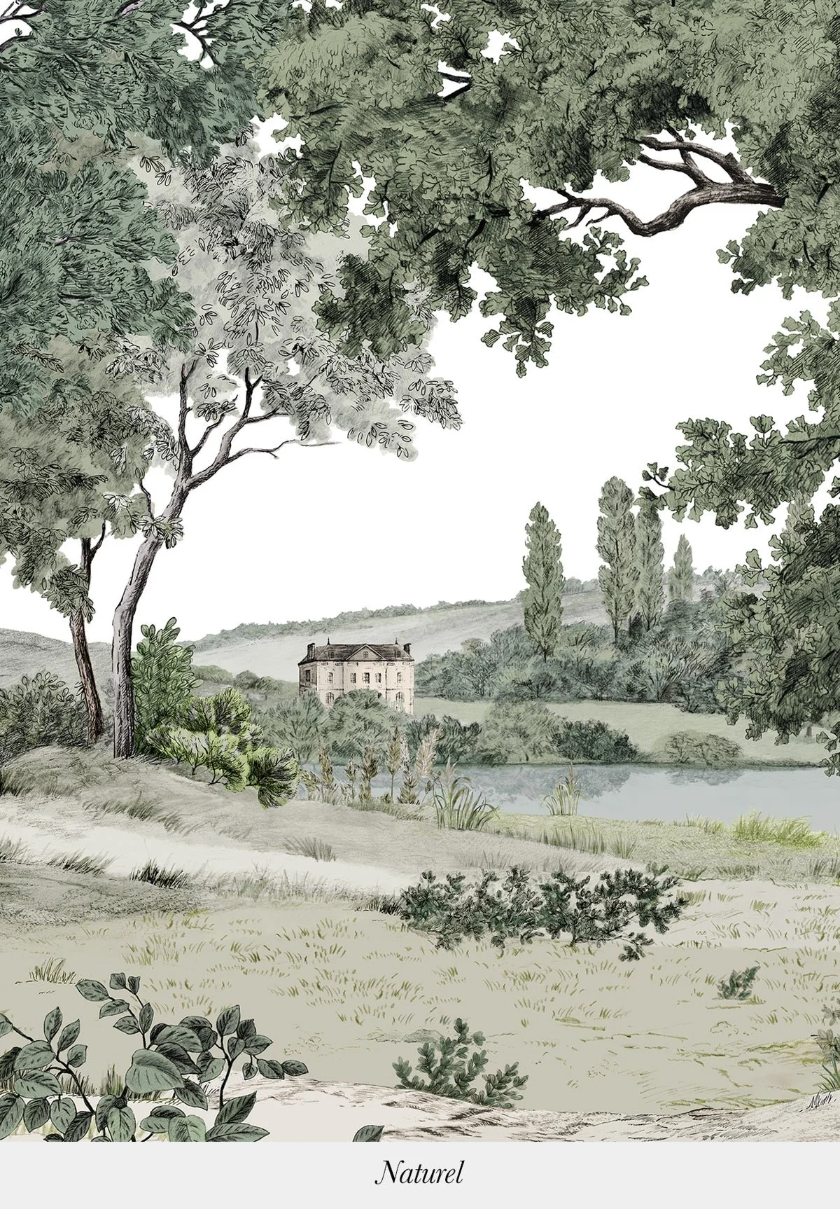 A peaceful landscape with trees, a body of water, and a large house in the distance, depicted in soft, natural colors.