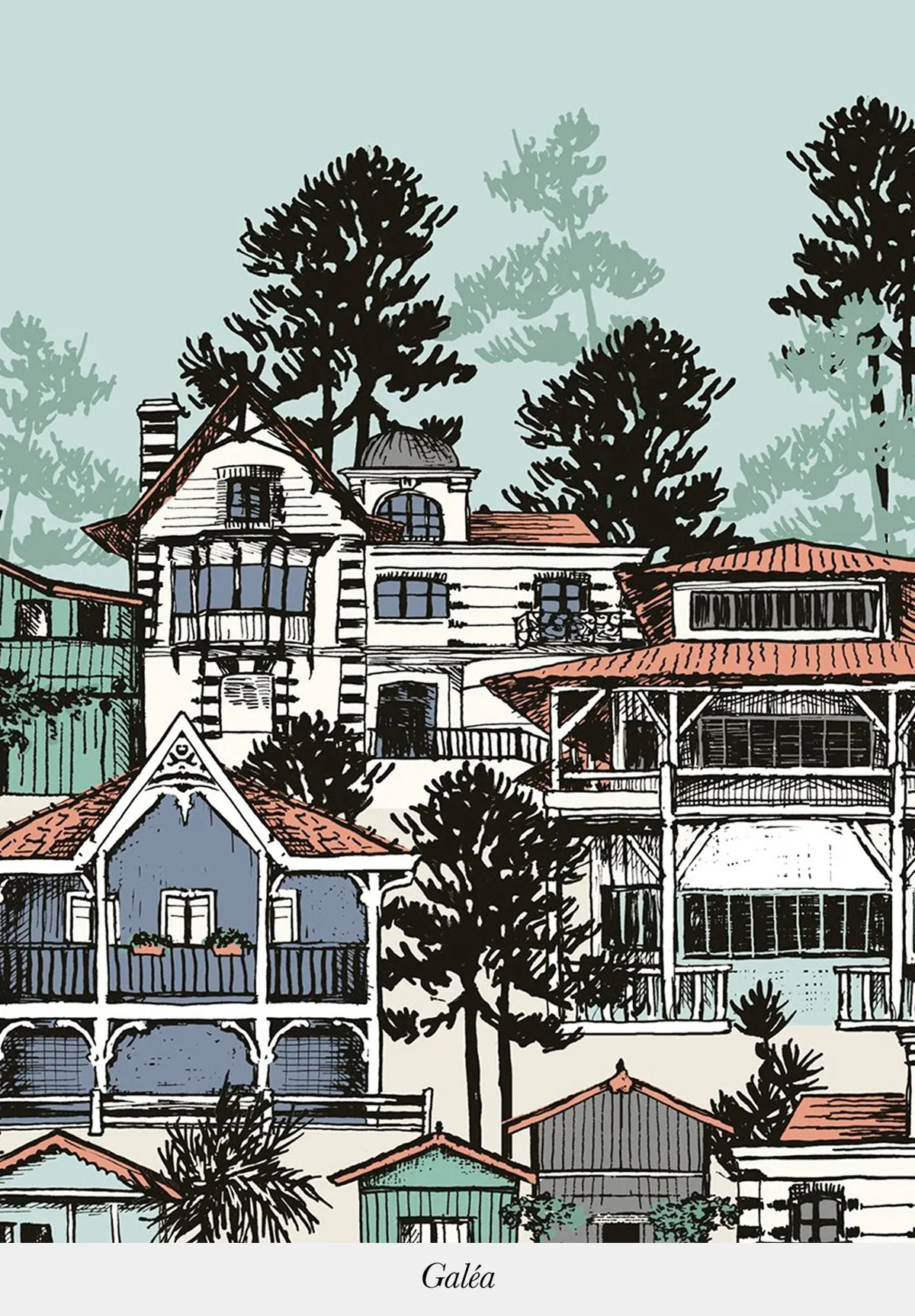 A colorful illustration of multiple houses with various architectural styles and colors, surrounded by tall pine trees.
