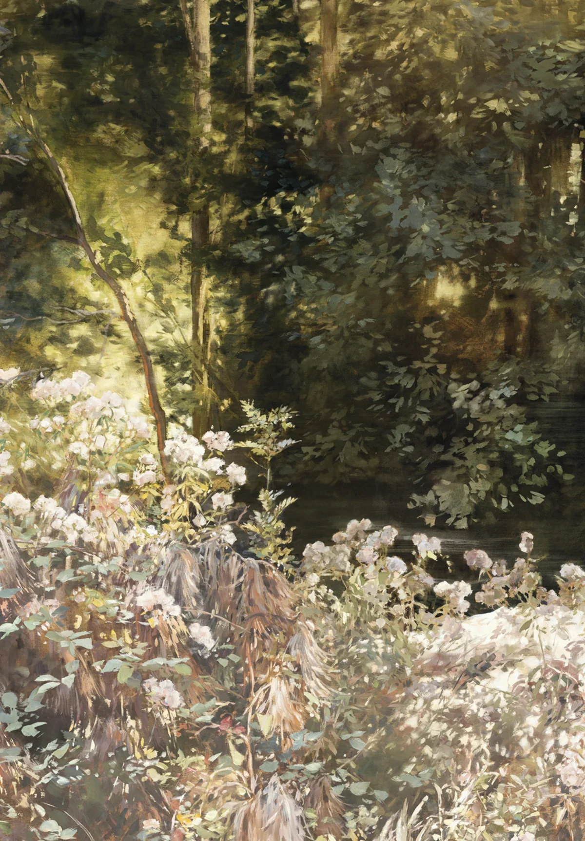 A peaceful forest scene with sunlight filtering through dense green foliage and white wildflowers growing near a body of water.