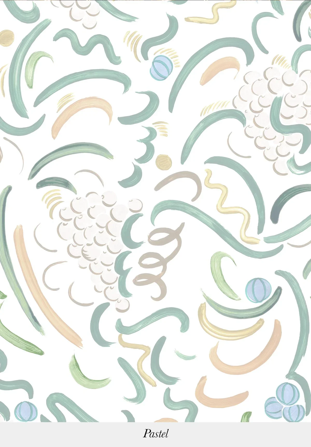 Pastel abstract pattern with curved brushstrokes, small circles, and cloud-like shapes in muted greens, blues, beiges, and grays on a white background.