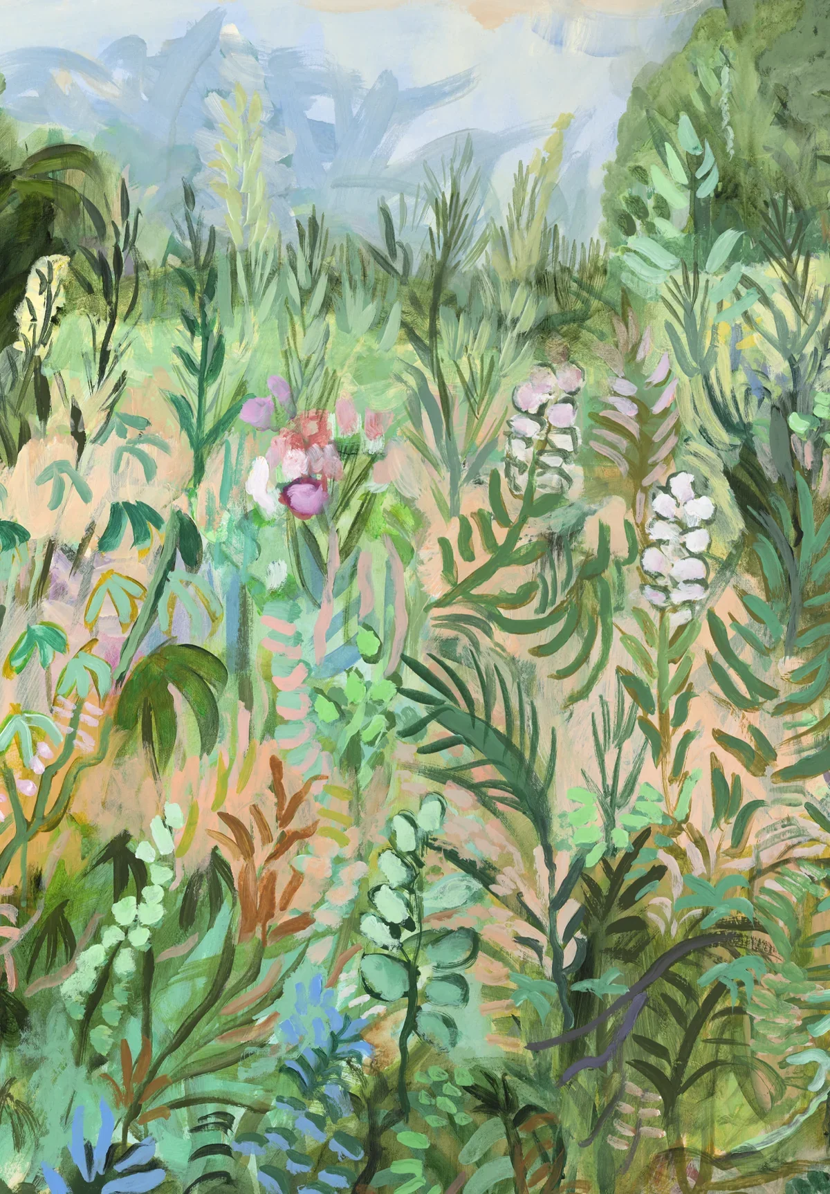 Landscaped garden with various green plants, tall grass, and flowering plants in pink, white, purple, and blue, painted with light and vibrant colors.