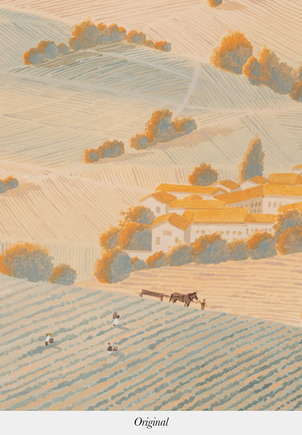 A painting of a rural landscape with rolling hills, trees, and a cluster of houses with orange roofs. In the foreground, there are people working in a field and a horse-drawn cart.