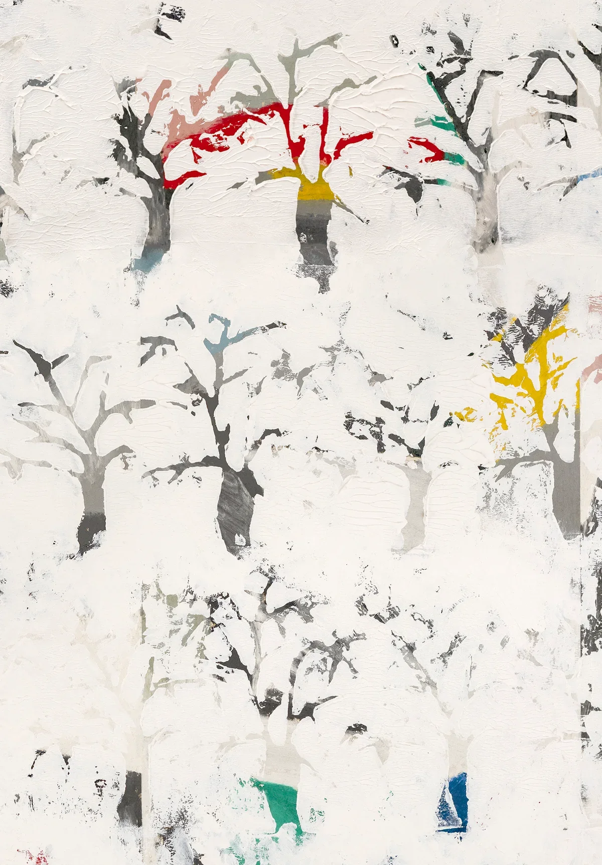 Abstract painting of leafless trees in white, black, gray, with small patches of red, yellow, green, and blue in the background.