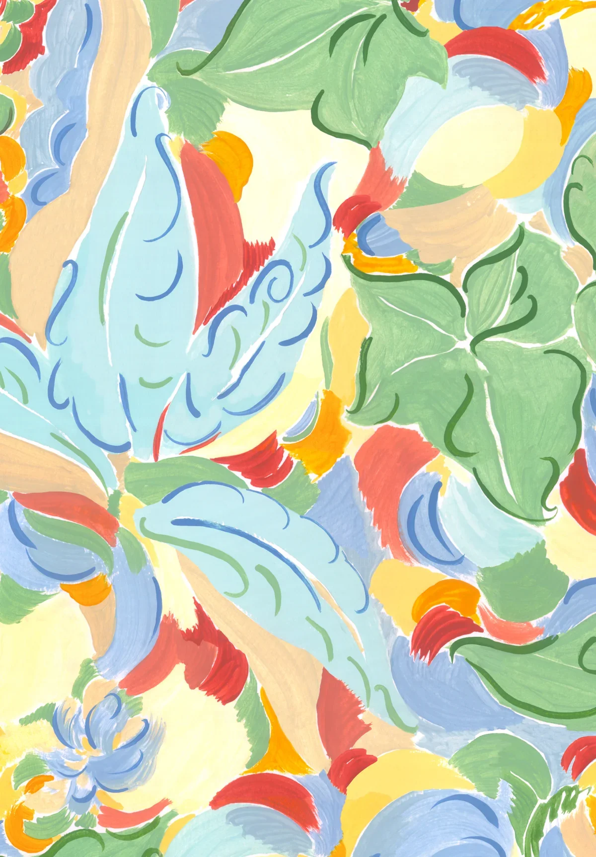 Abstract painting with large green leaves, blue, yellow, red, orange, and beige brush strokes.