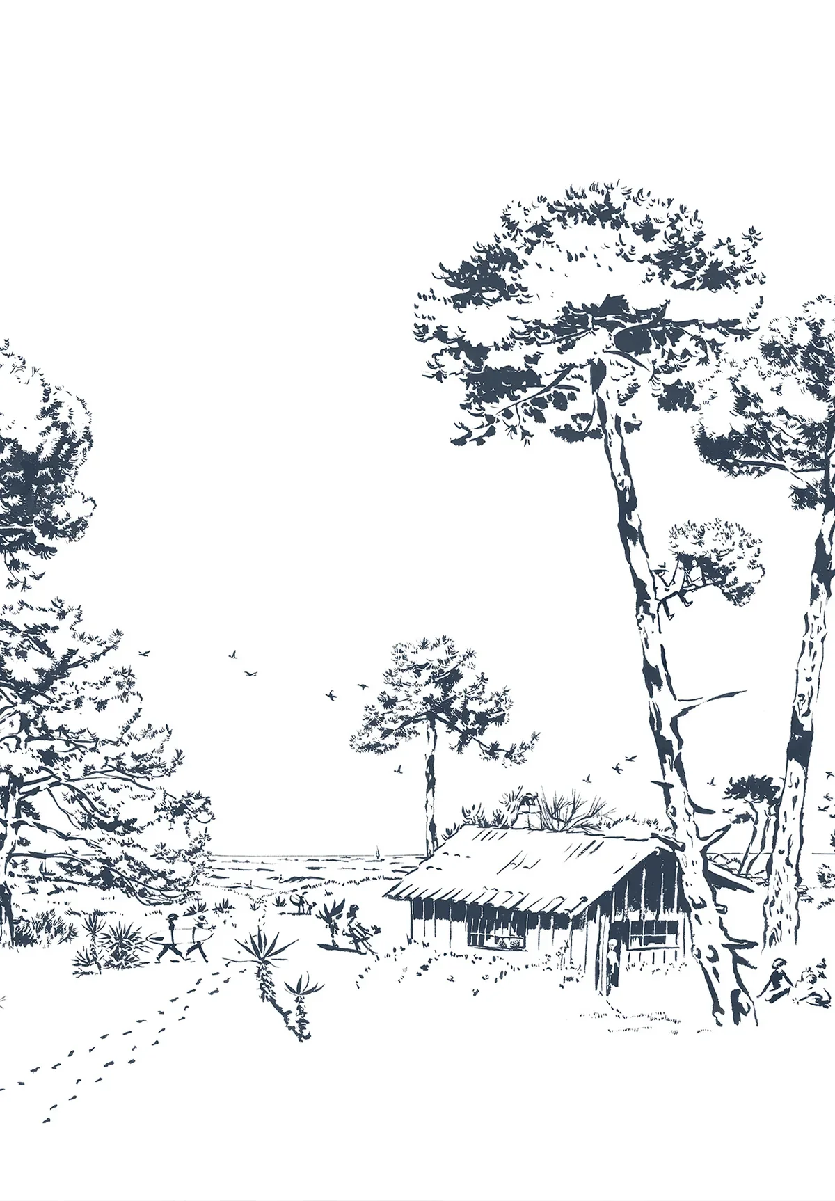 Black and white illustration of a rural landscape with tall trees, a small farm house, and footprints in the snow.