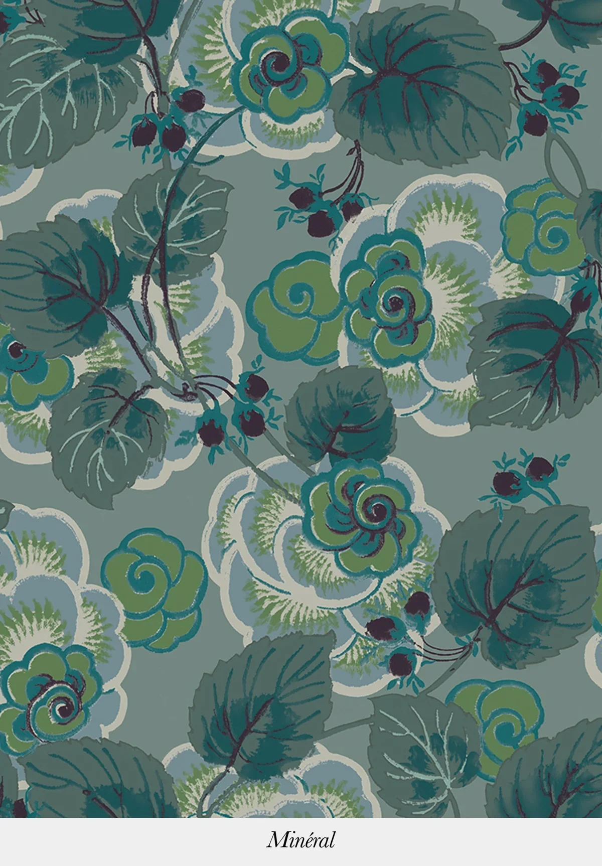 Pattern featuring stylized green and blue flowers and large leaves on a teal background with the word 'Minéral' at the bottom.