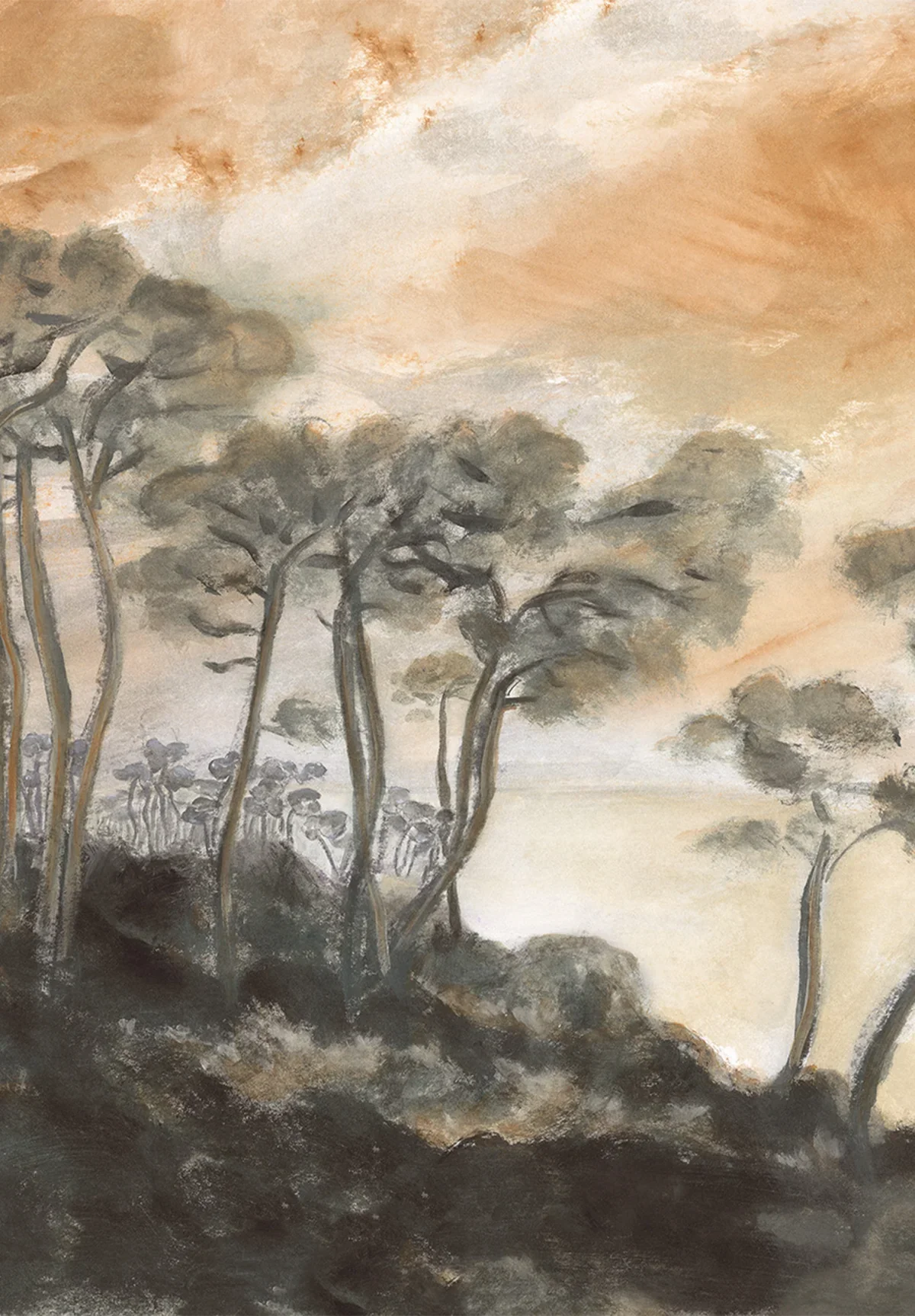 A watercolor painting of a landscape with tall, sparse trees, dark bushes, and a foggy or misty background in shades of beige, gray, and black.