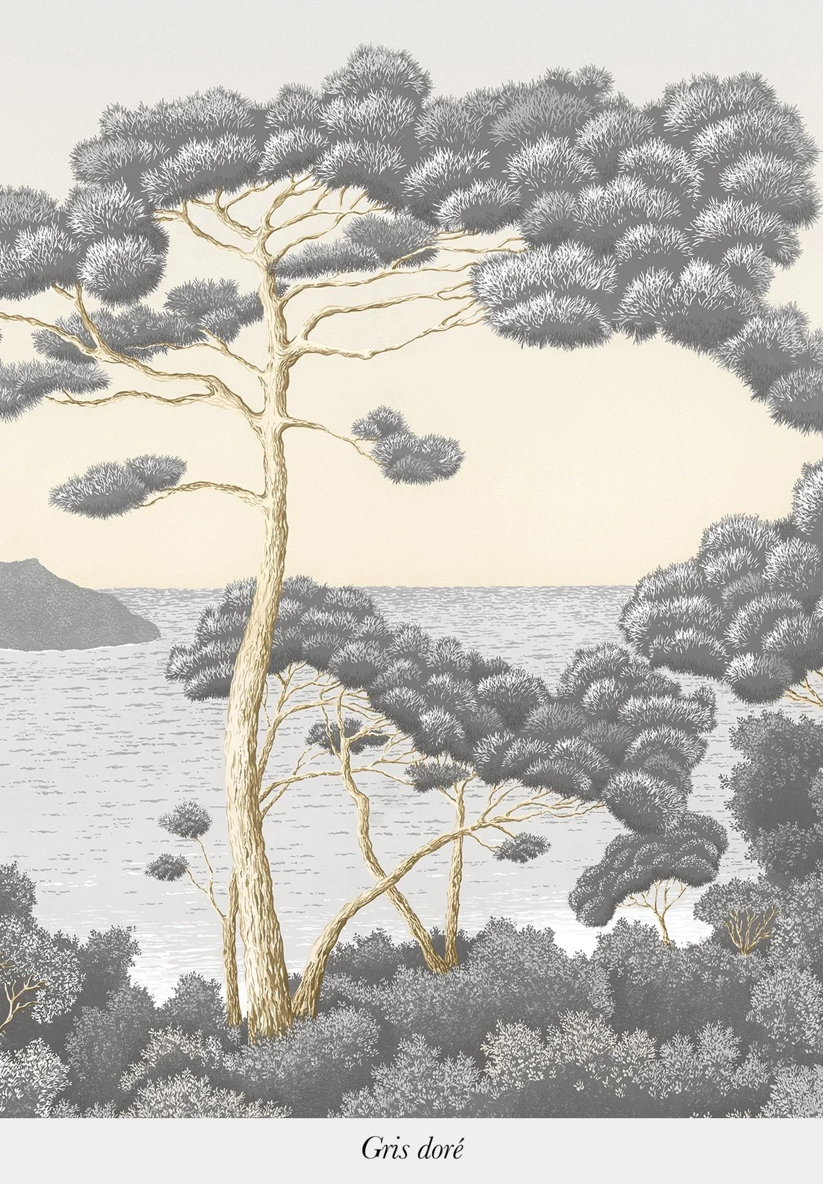 A serene landscape featuring tall, stylized pine trees with golden trunks and silver-gray foliage, overlooking a calm body of water with a small island in the distance.