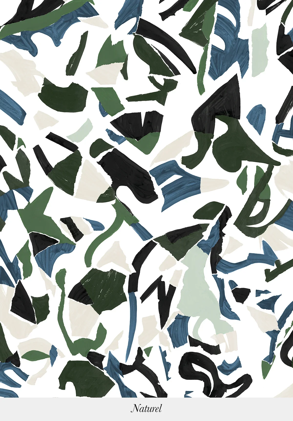 Abstract artwork with irregular shapes in green, black, blue, and white, titled 'Naturel'.