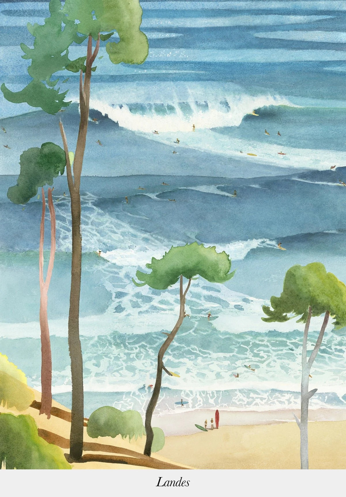 A beach scene with tall trees in the foreground, a sandy shore, and waves with surfers in the ocean, titled 'Landes'.