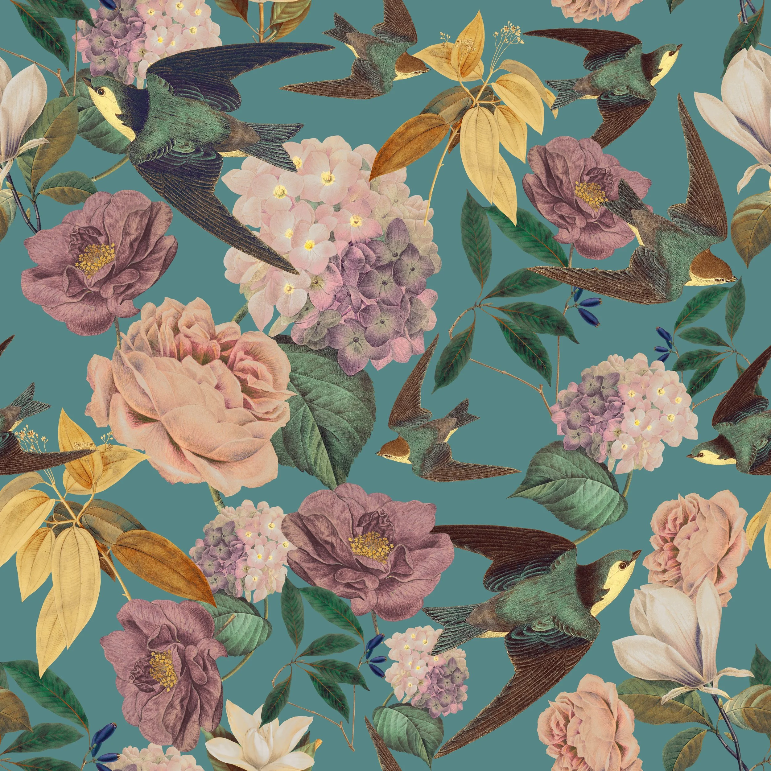 Swallows and Blooms | Teal