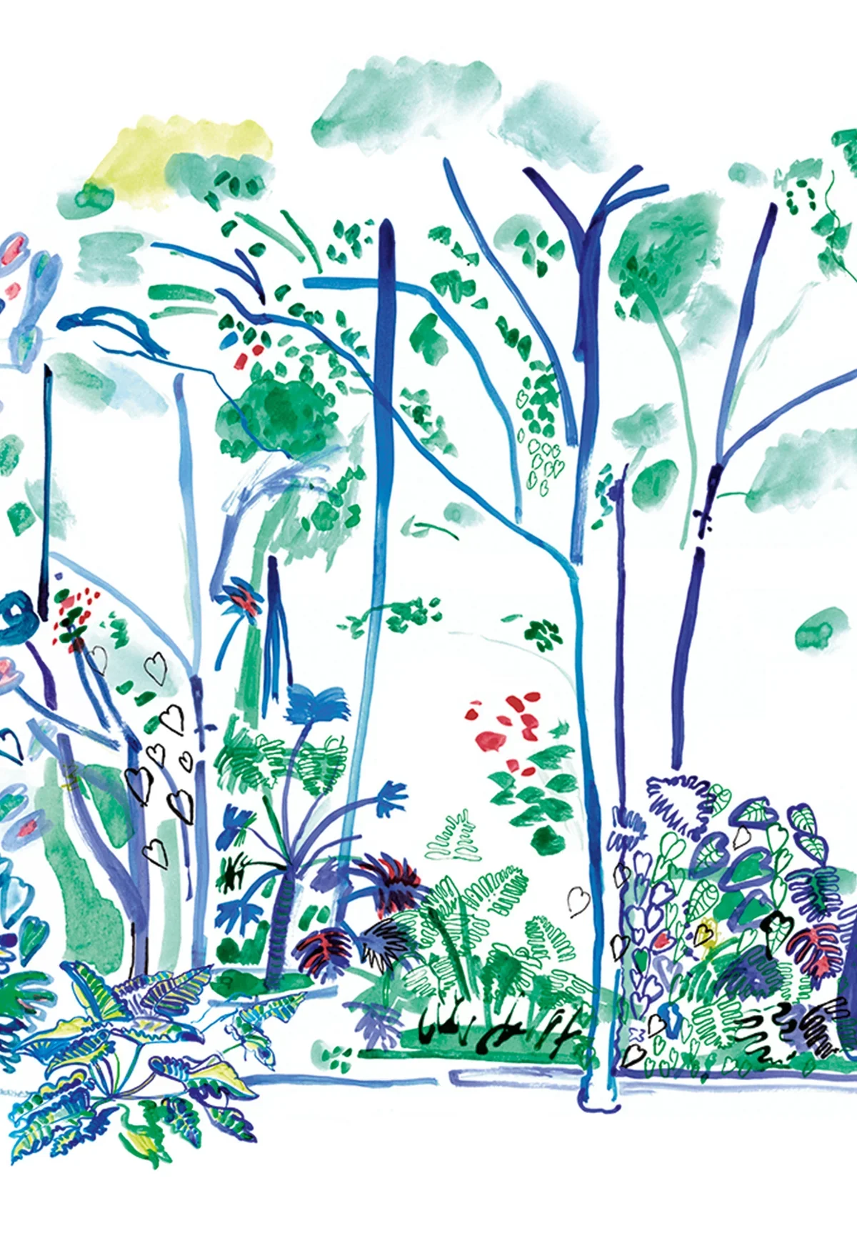 Watercolor illustration of a lush garden with various trees, shrubs, and plants, featuring green, blue, and red foliage.