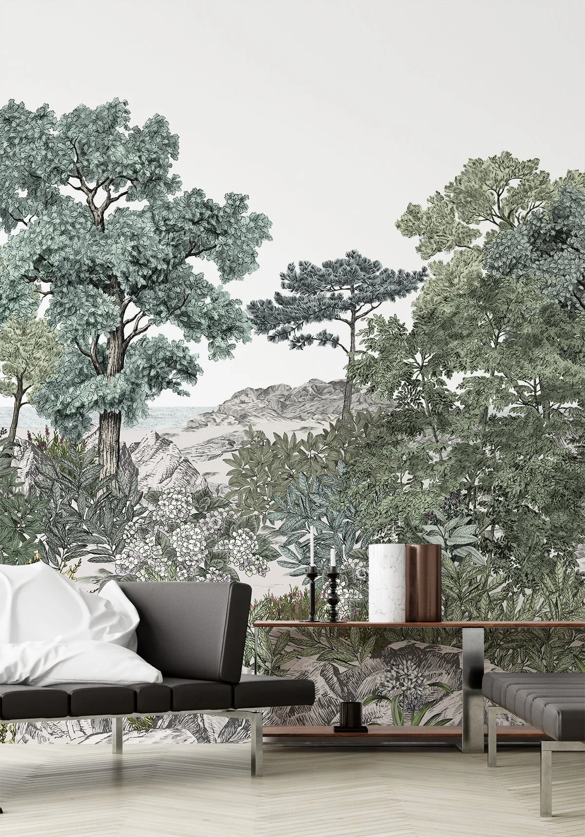 Living room with a large botanical mural, modern black sofa with white pillows, and a wooden sideboard with black candlesticks and decorative vases.