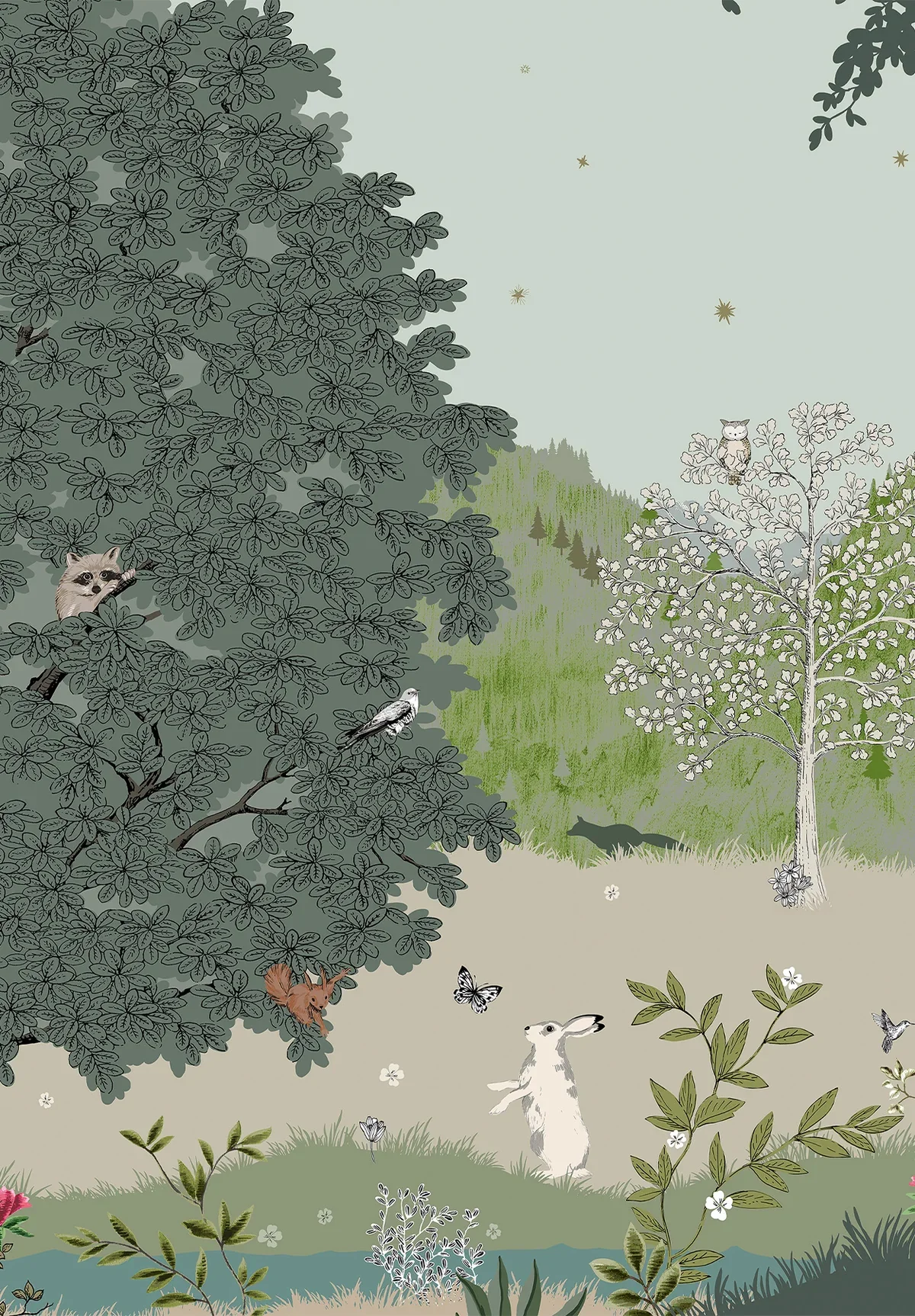 Illustration of a natural outdoor scene with trees, animals, and plants. There are flying birds, a rabbit standing on its hind legs, a fox peeking through the bushes, and an owl perched on a tree. The scene depicts a peaceful forest environment with 