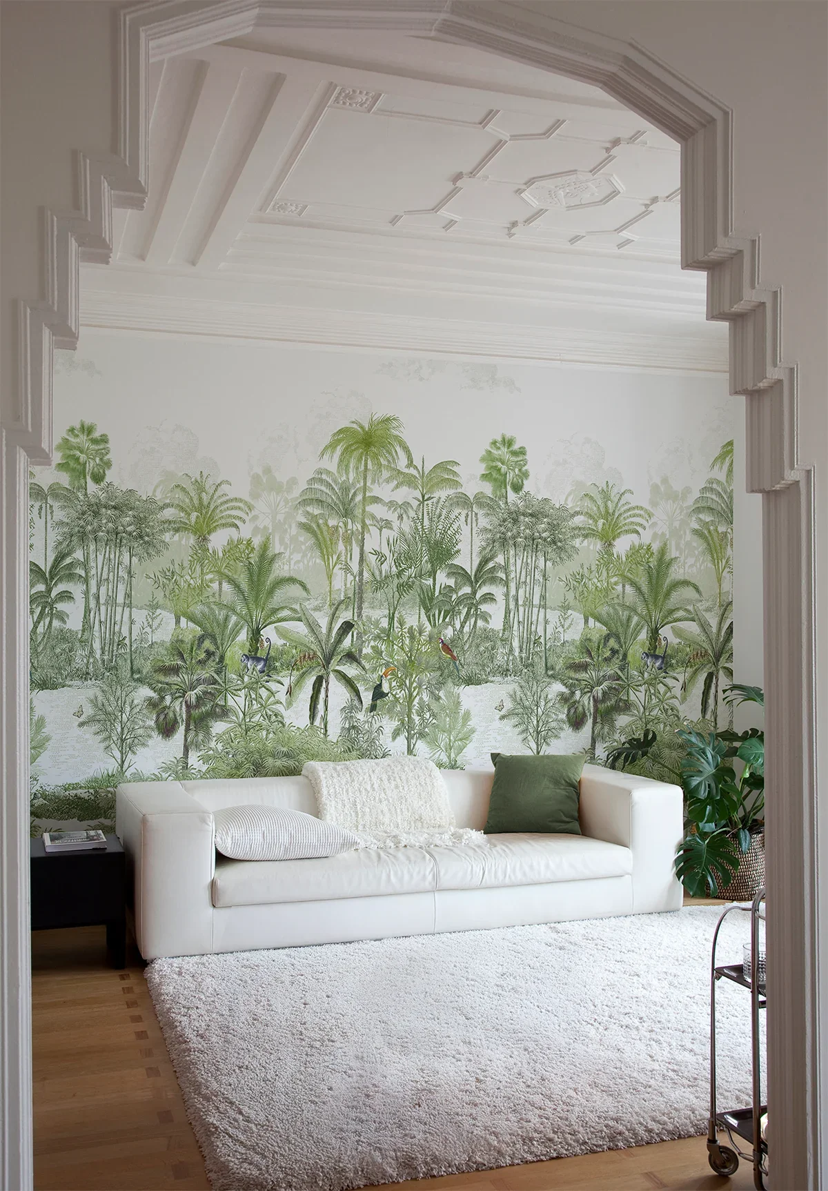 A living room featuring a white couch with pillows, a nature-themed wallpaper mural of a jungle with trees and birds, a white shag rug, and potted plants.