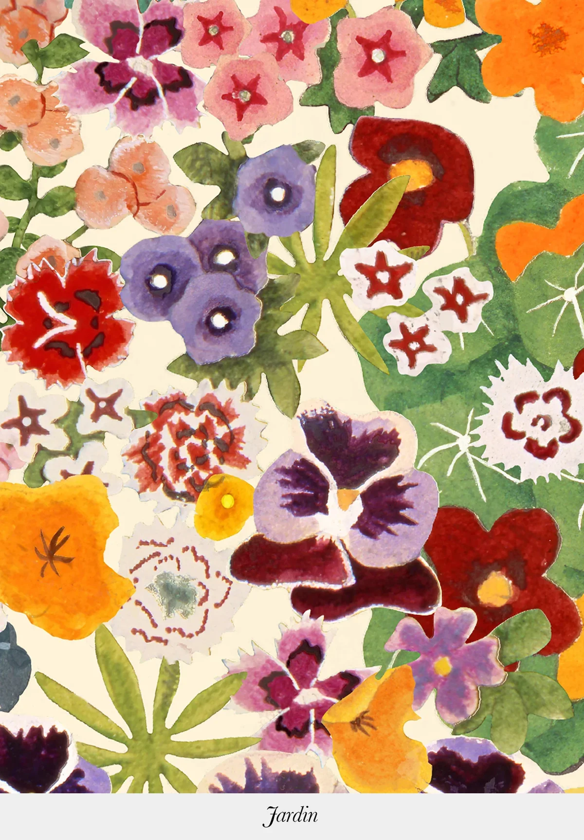 Watercolor painting of various colorful flowers with green leaves, labeled 'Jardin'.
