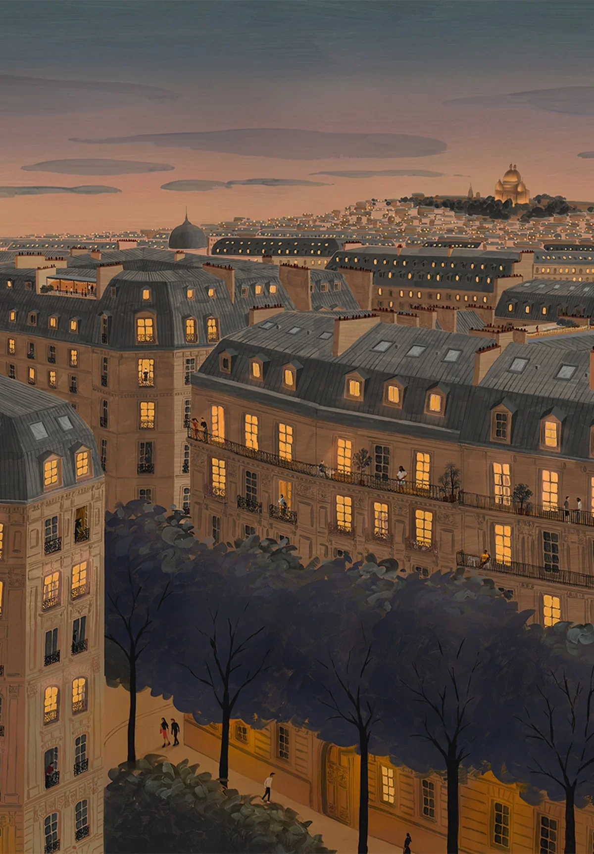 A painting of a cityscape at dusk with several buildings, lit windows, rooftop terraces, and a historic architectural style, with trees and people walking on the streets.
