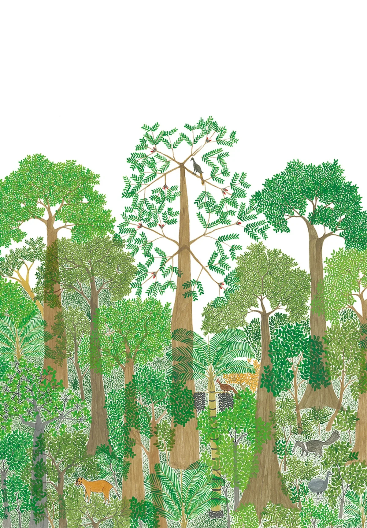 Illustration of a lush forest with various green trees, a bird perched on a tall tree, and animals such as a lion, zebra, and a wildebeest among the foliage.
