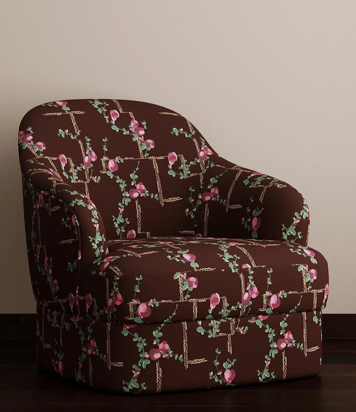 A vintage-style armchair with dark red fabric featuring pink flowers and green leaves pattern, set against a plain beige wall.