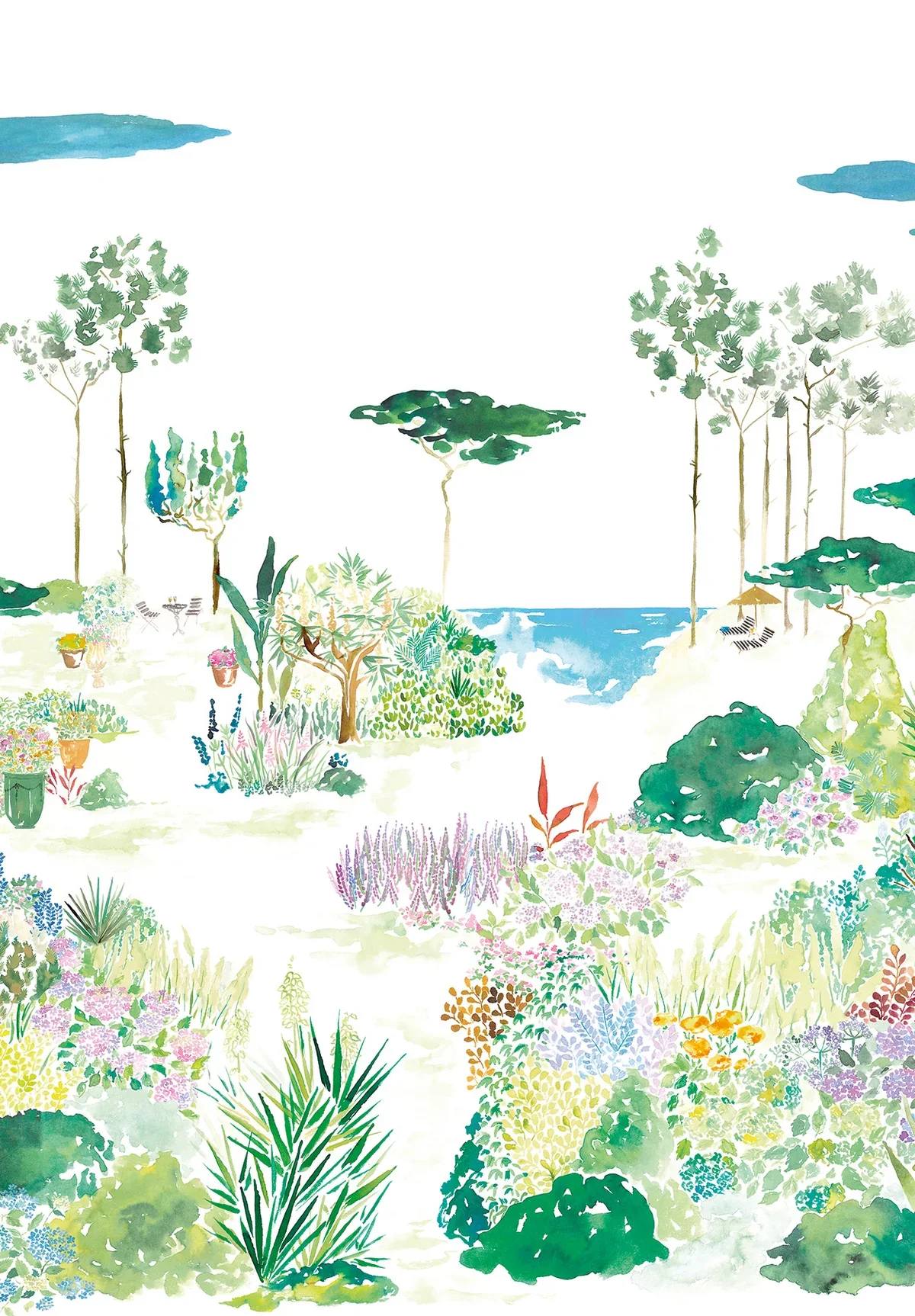 A watercolor painting of a lush garden with various flowers, trees, and plants leading to a view of the ocean in the background, under a partly cloudy sky.