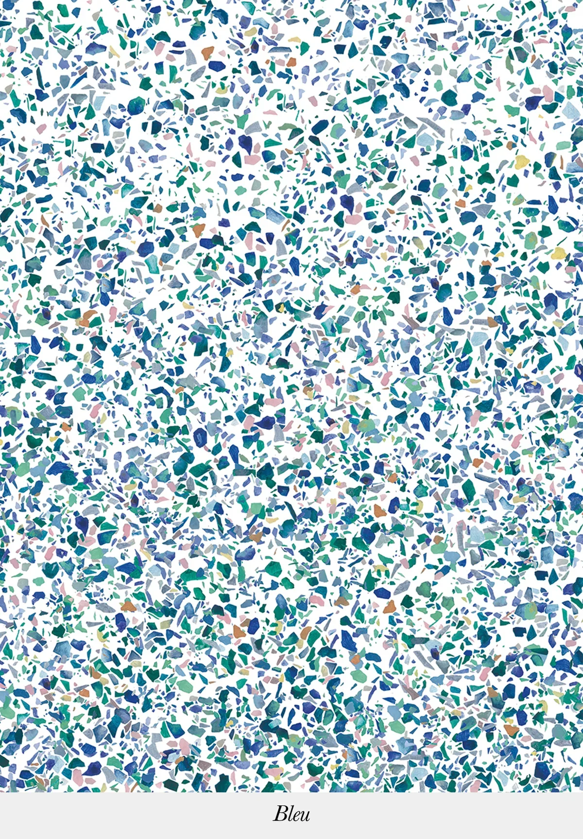 A colorful mosaic pattern with blue, green, pink, and brown fragments on a white background.