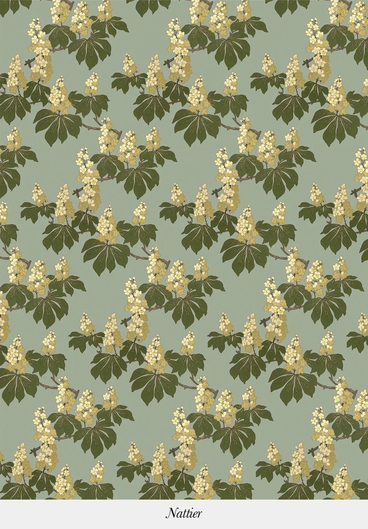 Pattern of green leaves and cream-colored flowers on a light green background.