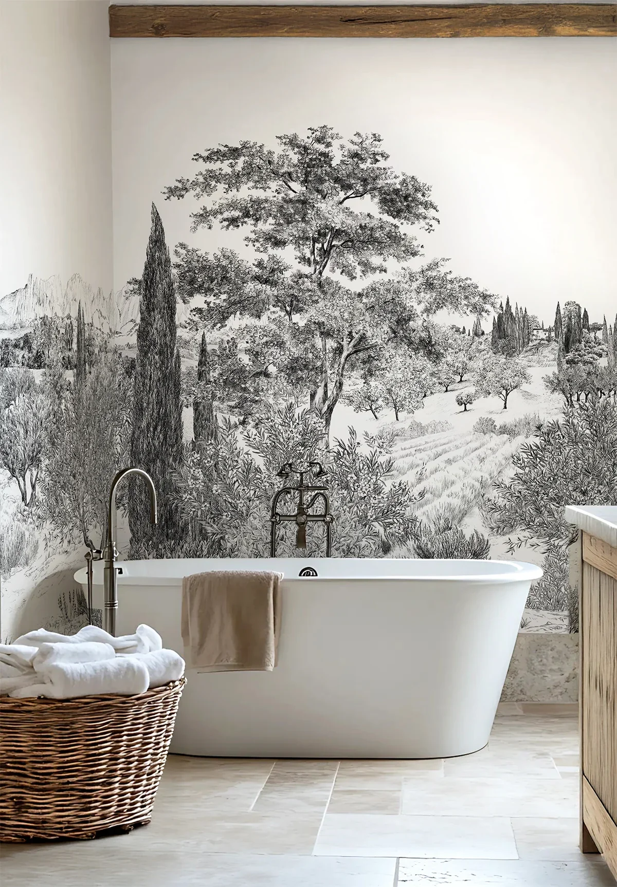 A bathroom with a white bathtub, a faucet, and a beige towel hanging over the edge. There is a basket of rolled white towels beside the tub. The wall behind the tub features a black and white mural of a landscape with trees and rolling hills.