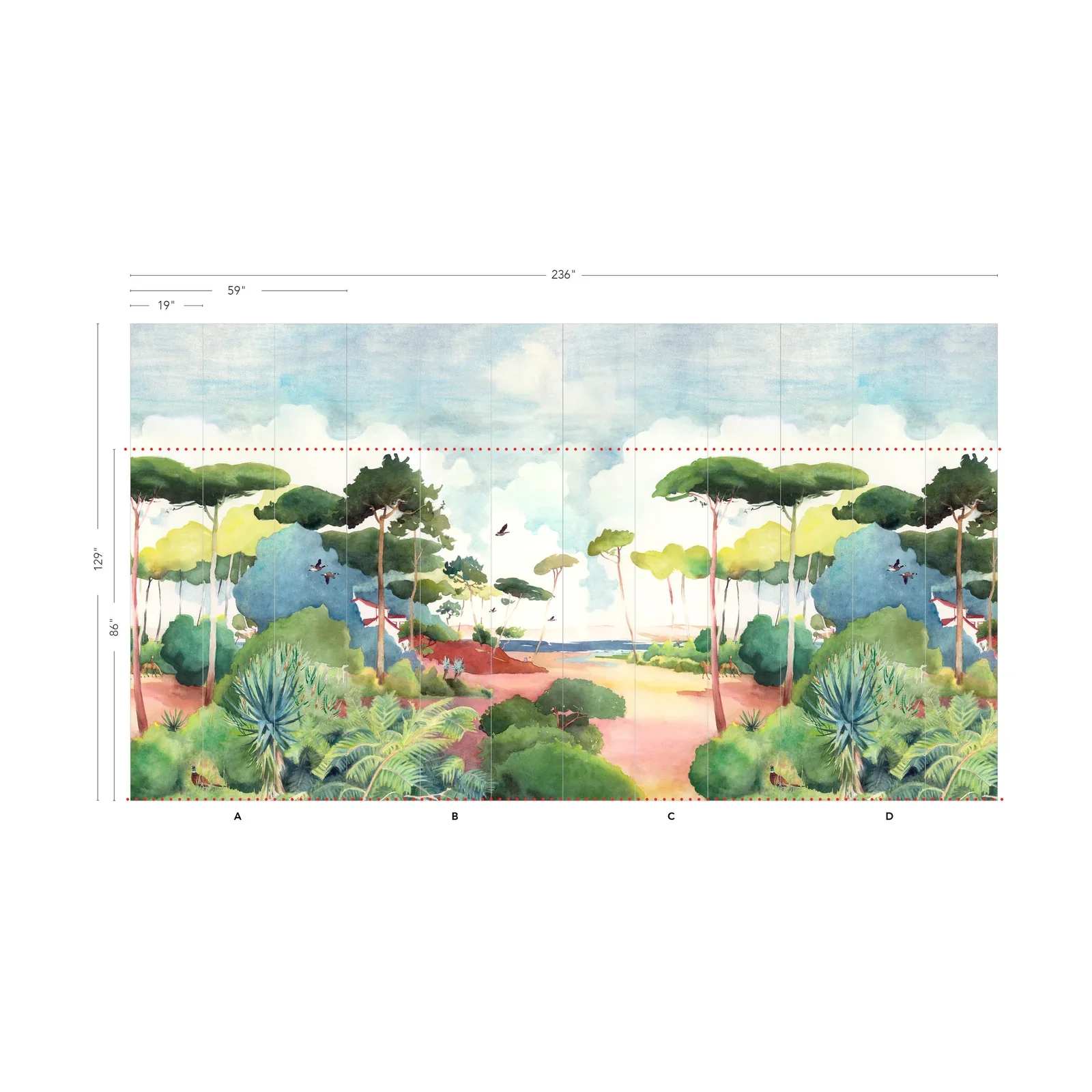 A watercolor landscape mural with trees, bushes, a pathway, and a blue sky with clouds.