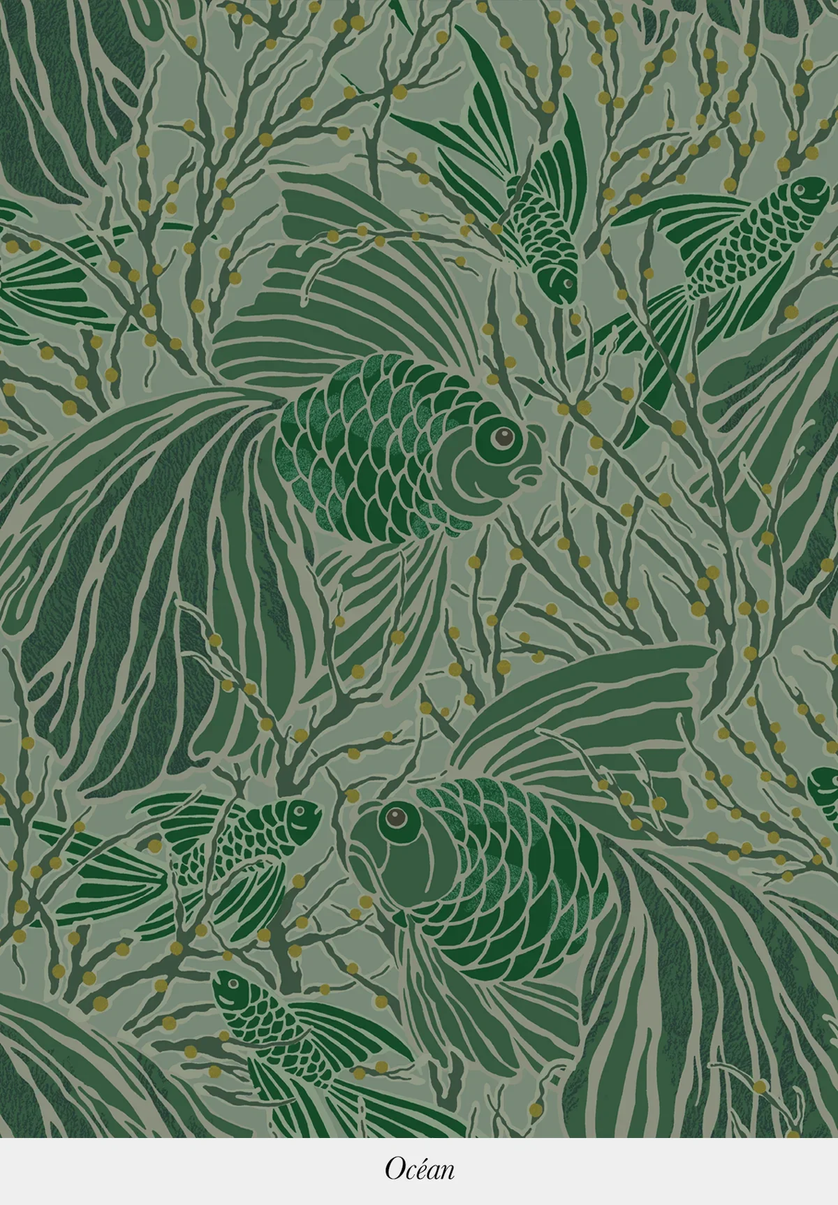 Illustration of multiple green fish with detailed scales and fins swimming among aquatic plants and yellow bubbles in an underwater scene.