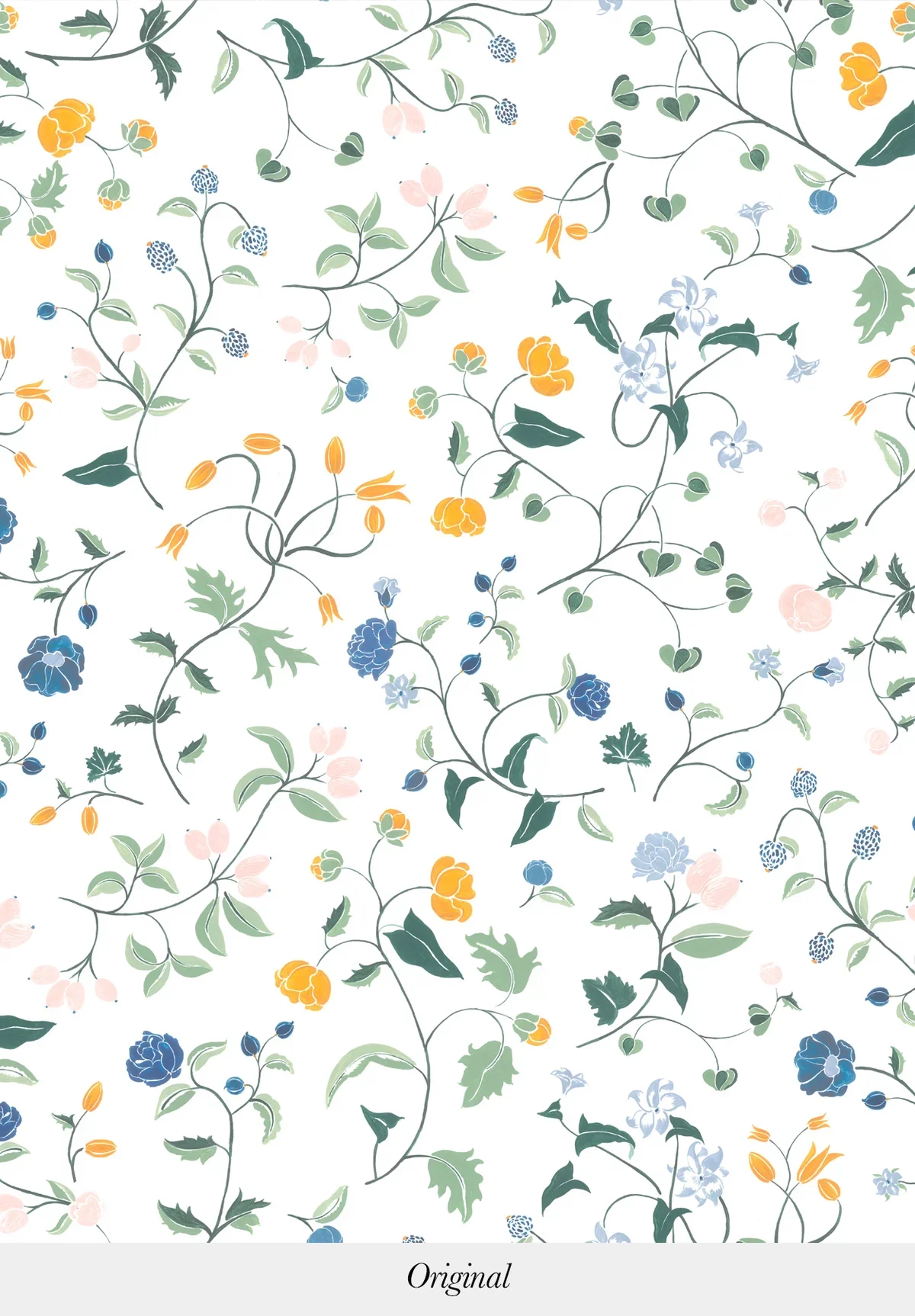 Pattern of various small flowers, leaves, and vines in shades of blue, yellow, pink, and green on a white background.