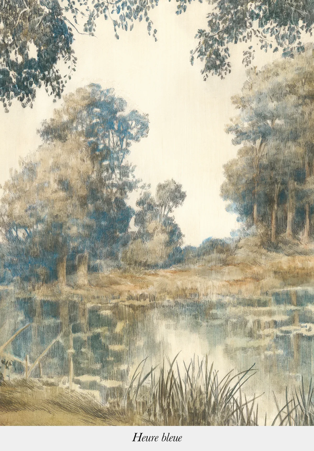 Painting of a peaceful nature scene with trees, a body of water, and grass, titled 'Heure bleue'