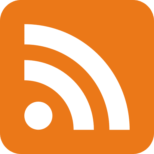 RSS feed icon with white signal waves on an orange background.