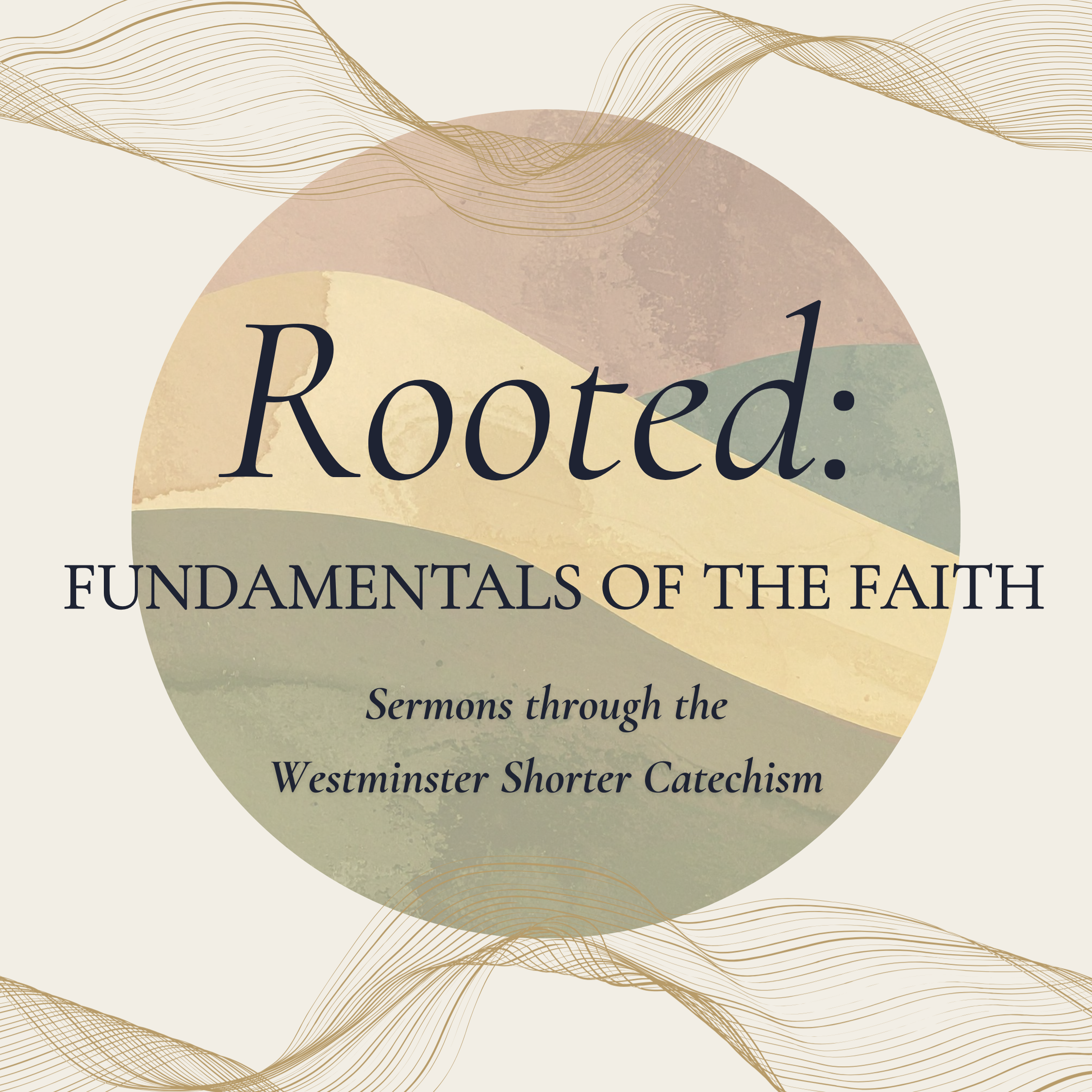 Title "Rooted: Fundamentals of the Faith" with subtitle "Sermons through the Westminster Shorter Catechism" on a beige background with abstract wavy lines and a pastel-colored circle.