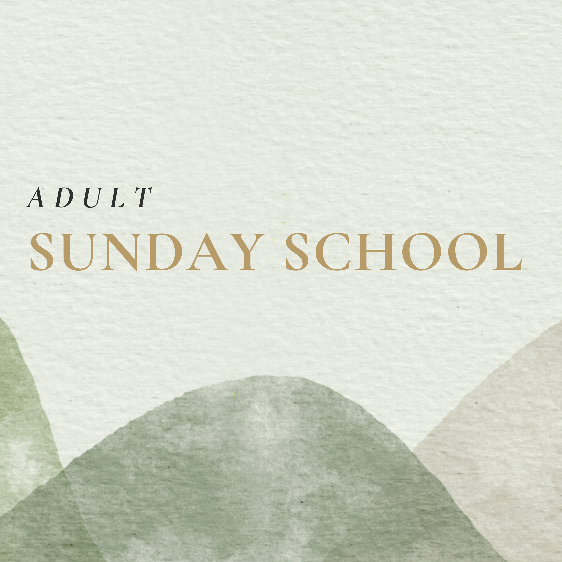 Title "Adult Sunday School" on a textured background with abstract mountain shapes in green and gray.