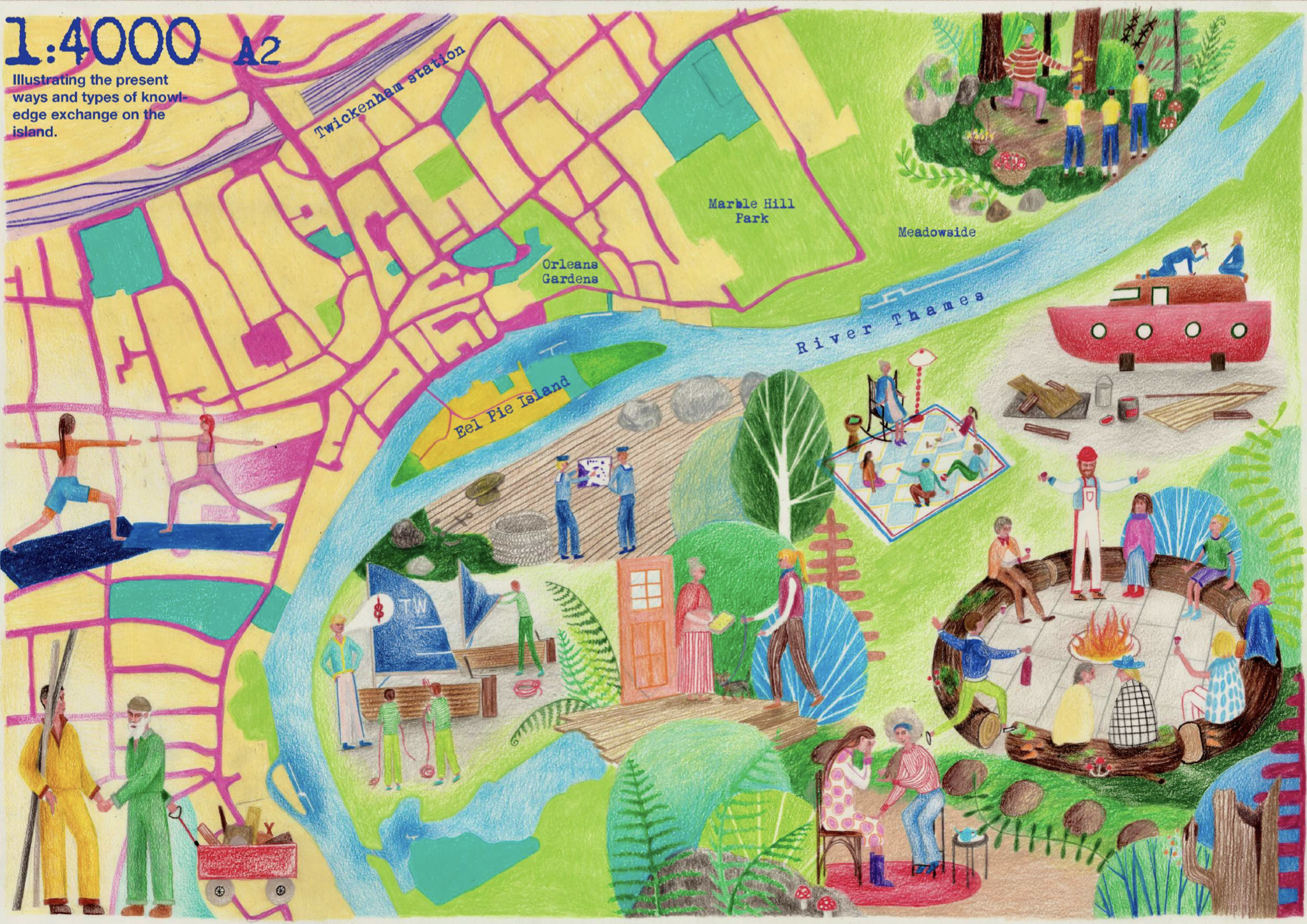 Colorful illustrated map showing various recreational spots and activities on an island, including parks, a river, a boat, and people engaging in outdoor activities such as fishing, camping, and picnicking.