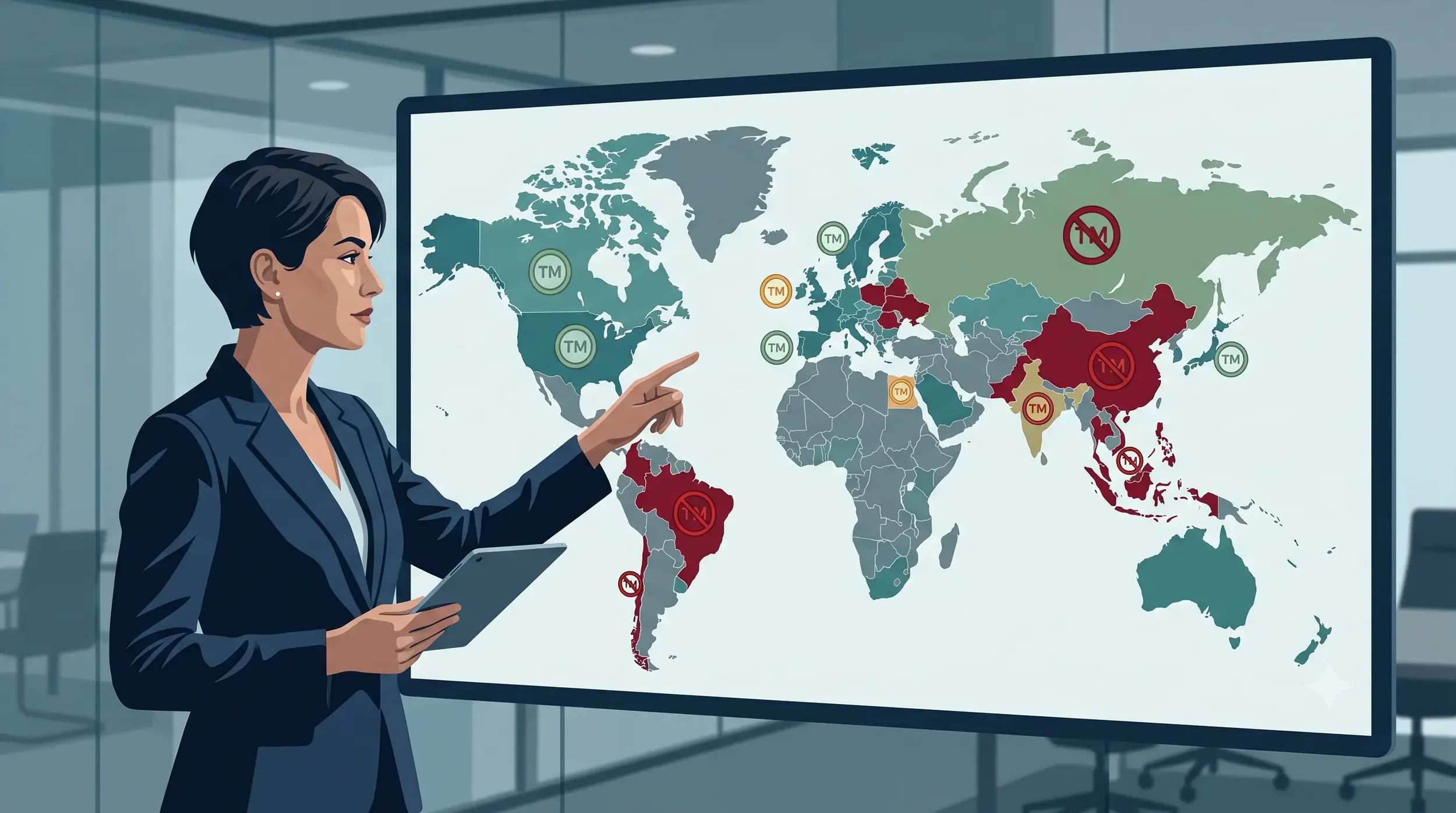 Founder facing a fractured world map of trademark symbols, highlighting territorial brand protection risks.