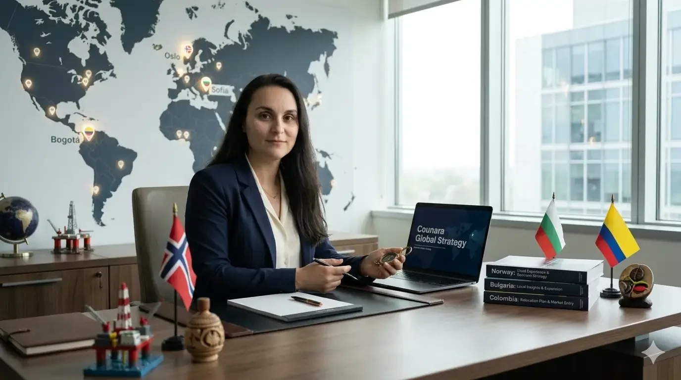liyana Hristova, founder of Counara, providing 1:1 global relocation consulting. She is seated at a desk with a world map and the flags of Norway, Bulgaria, and Colombia, representing her bespoke expat strategy services.