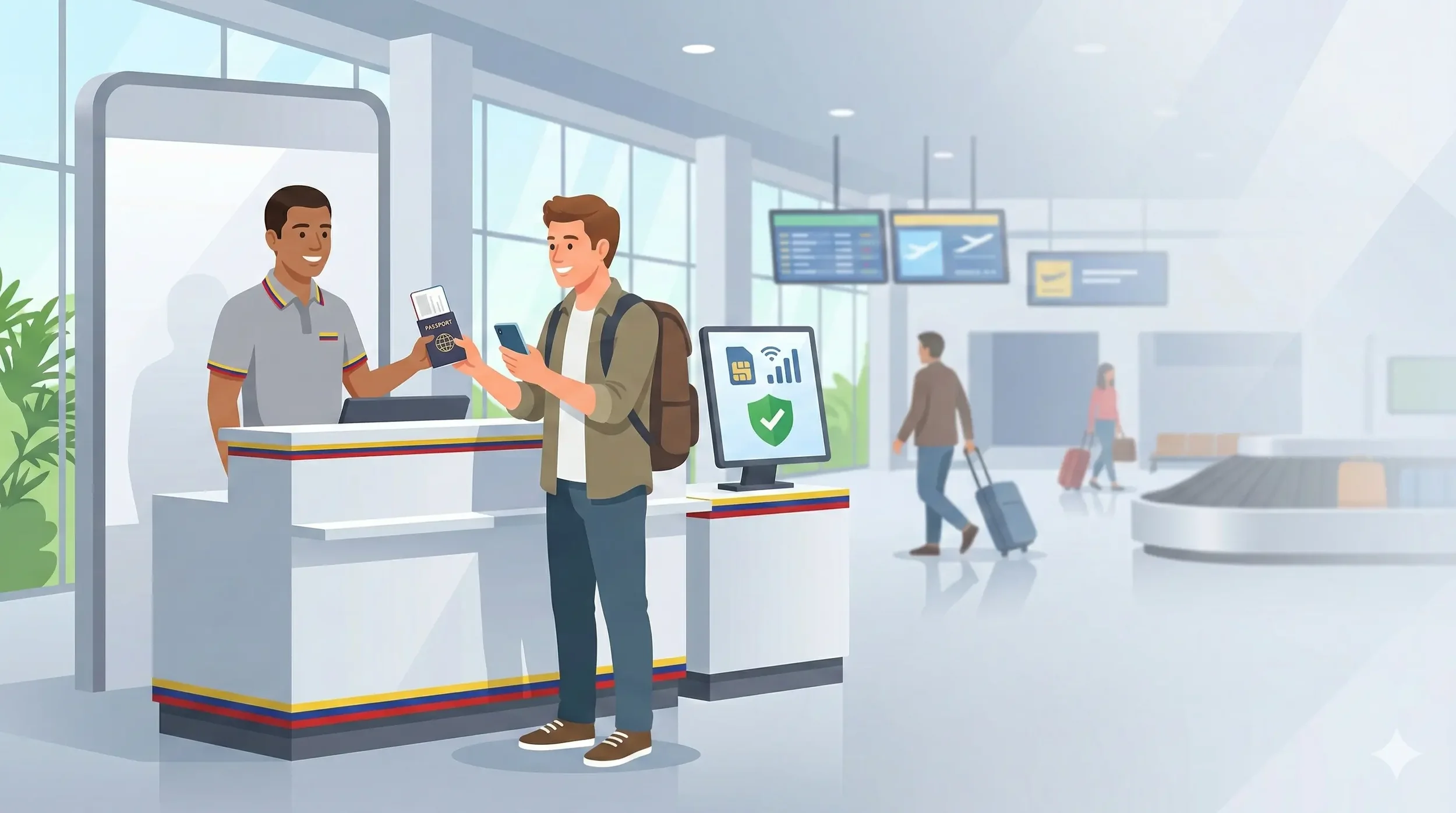 Illustration of a foreign traveler at a Colombian airport mobile operator counter, holding a passport and smartphone while a staff member registers their SIM card, symbolizing passport and phone registration rules for foreigners in Colombia.