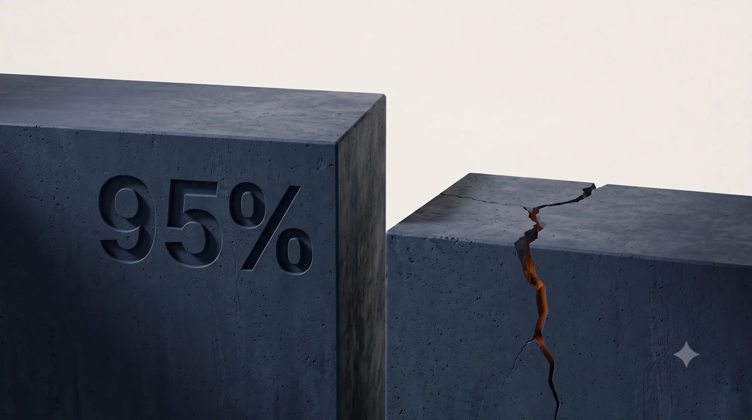 Illustration of two dark navy platforms with a gap between them, one showing 95 percent embossed in stone, the other cracked with amber light, symbolizing the gap between stated business confidence and actual risk preparedness."
